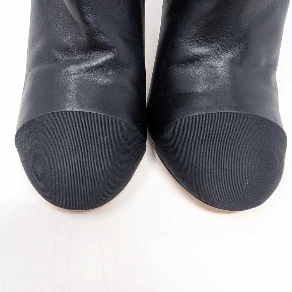 Chanel Cap Toe Pearl Stiletto Heel Black Ankle Boots Celebrity CC Logo Size 37